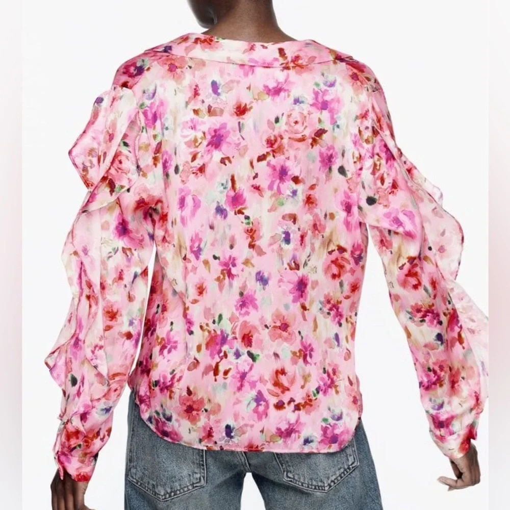 NWT ZARA pink floral print ruffled blouse size L - Picture 3 of 12
